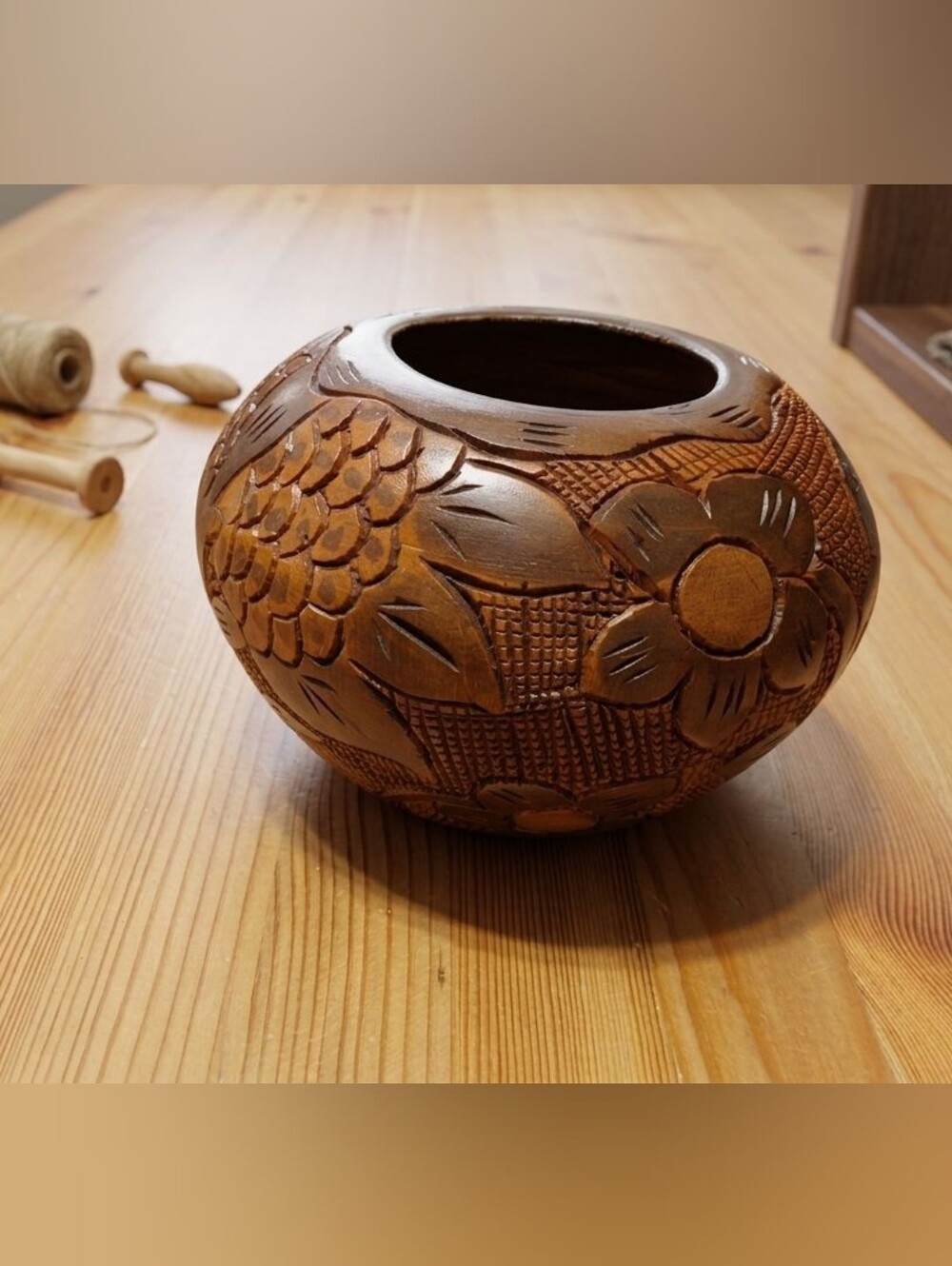 Hand-Carved Brown Floral Wooden Bowl - Home Art